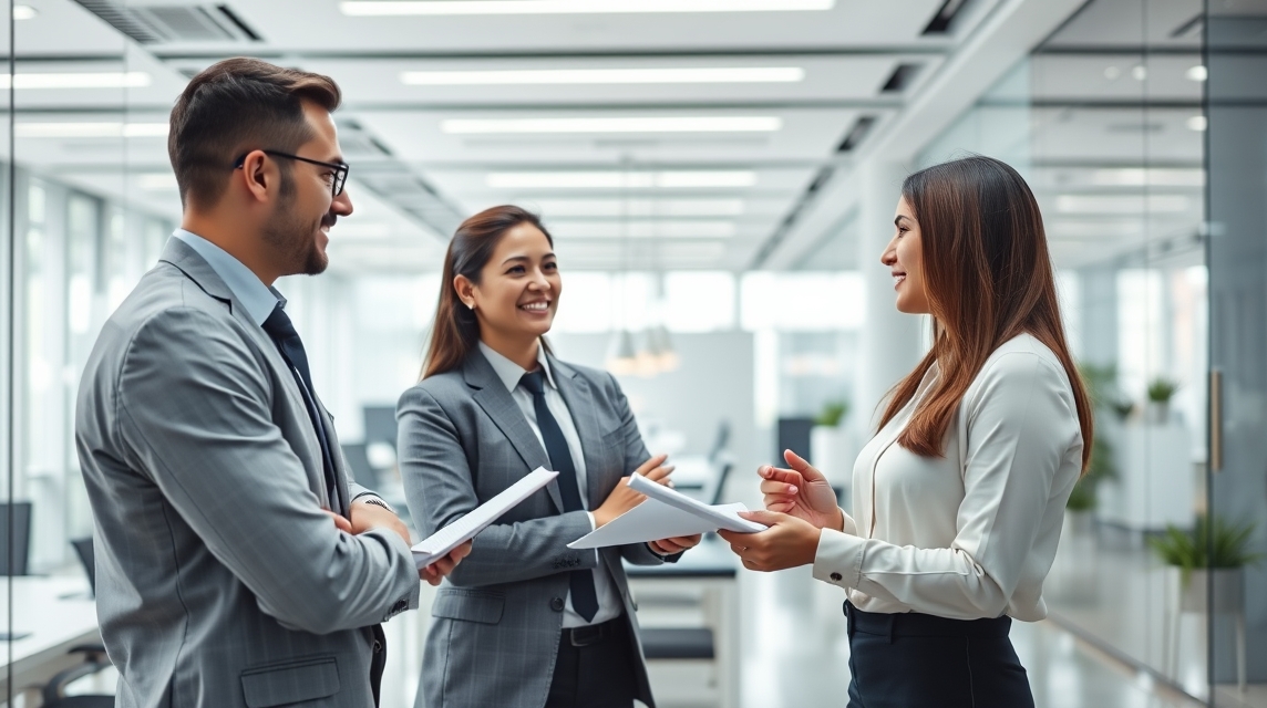 Három üzleti szakember csoportos megbeszélése irodai környezetben.