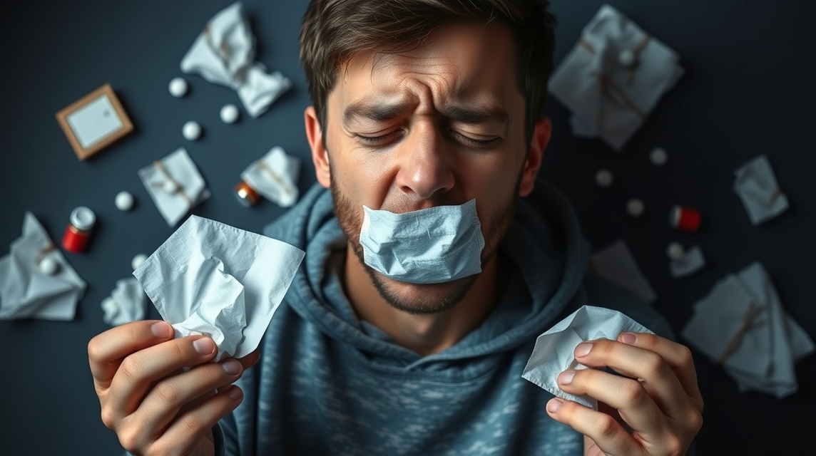 Férfi influenzás állapotban, zsebkendőkkel a kezében