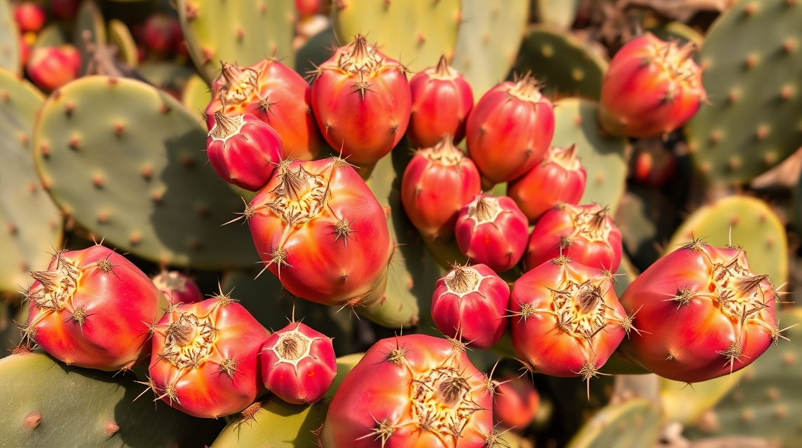 Kaktuszfüge gyümölcsök közelről, tüskékkel teli kaktuszon.