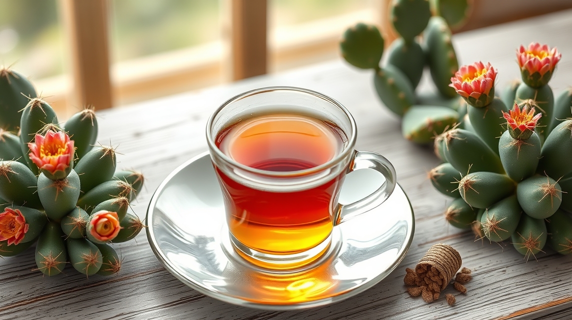 Kaktuszfüge tea egy ízléses pohárban, virágzó kaktuszokkal körülvéve.