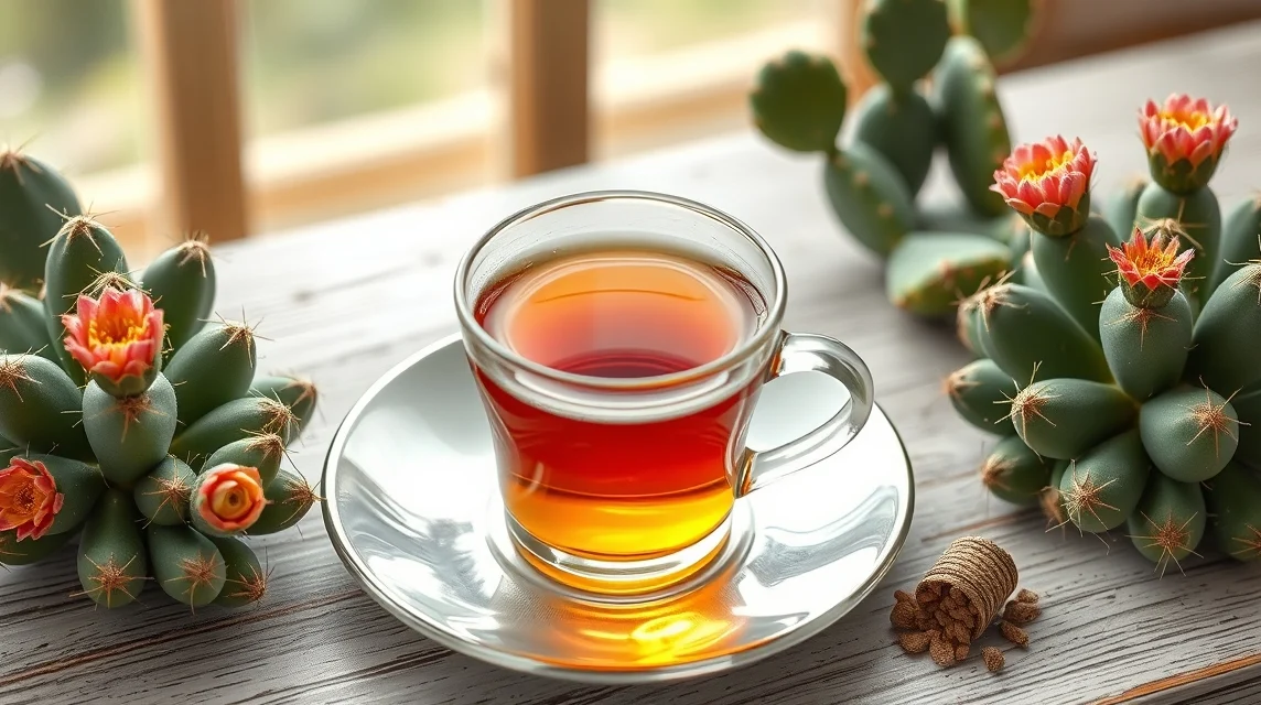 Kaktuszfüge tea egy ízléses pohárban, virágzó kaktuszokkal körülvéve.