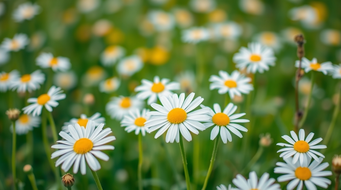 Kamilla virágok a tavaszi mezőn