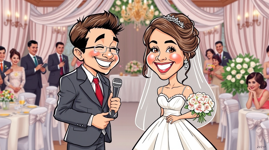 Esküvői karikatúra a boldog pár és vendégeik hetében.