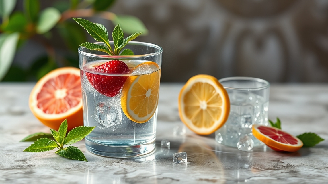 Friss keserűvíz citrommal és eperrel felfrissítve.