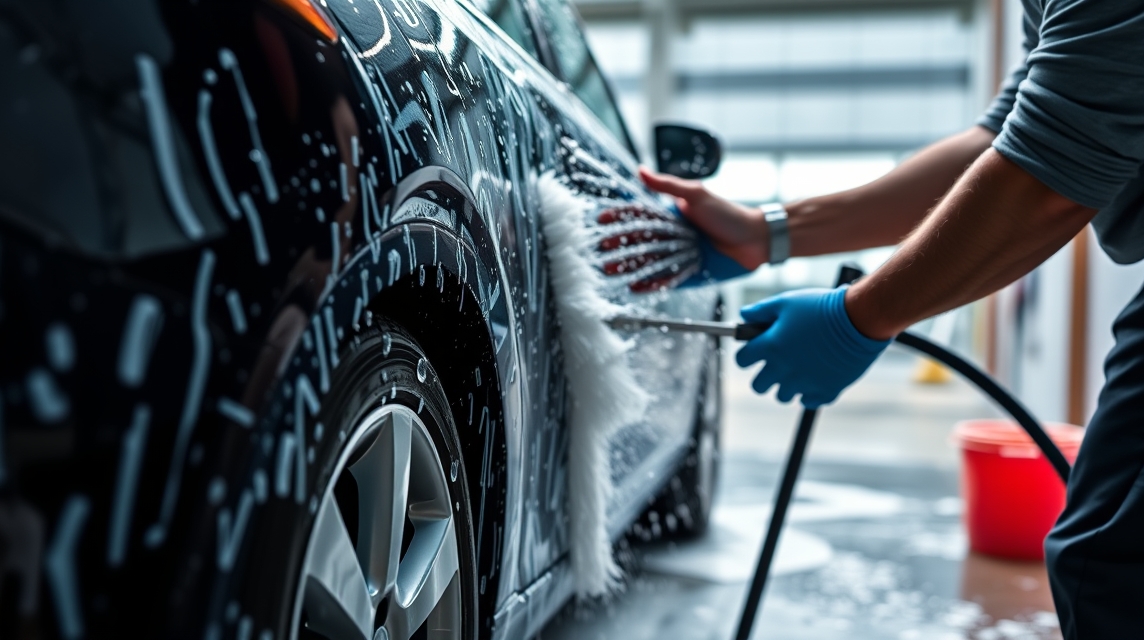 Kézi autómosás művelet, víz és hab a fekete autó mellett.