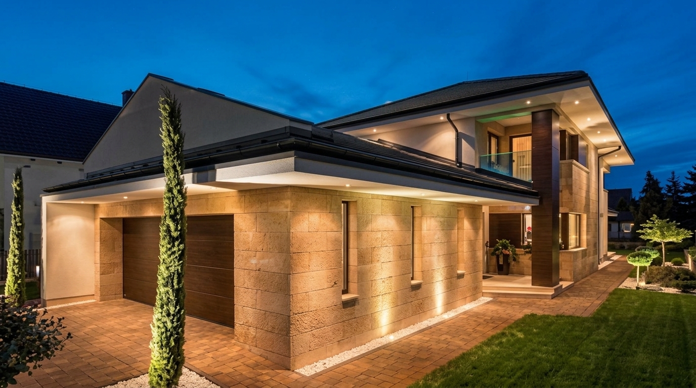 Modern ház travertin burkolattal és esztétikus kerttel