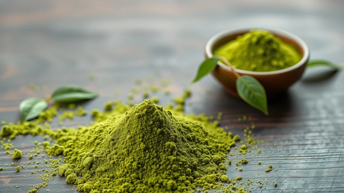 Finomra őrölt matcha por japán zöld teából friss levelekkel.