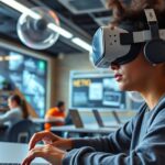 Fiatal nő virtuális valóság fejhallgatót visel, miközben számítógépen dolgozik.