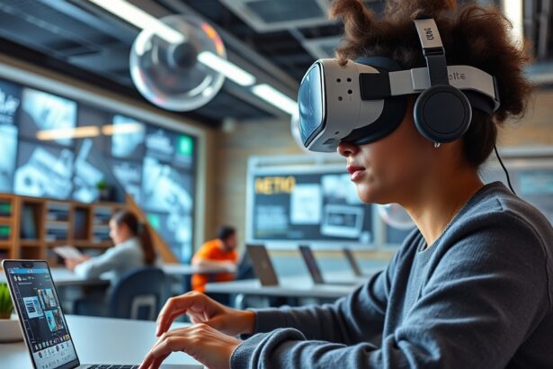 Fiatal nő virtuális valóság fejhallgatót visel, miközben számítógépen dolgozik.