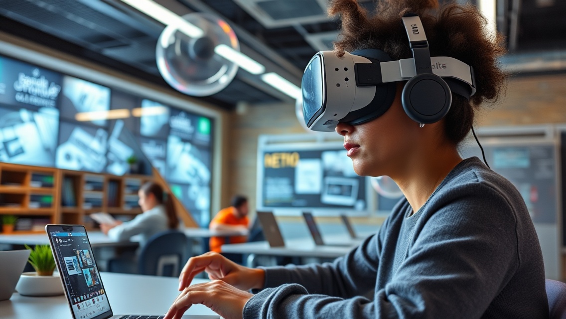 Fiatal nő virtuális valóság fejhallgatót visel, miközben számítógépen dolgozik.