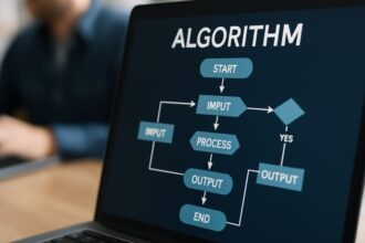 Algoritmus működése ábrázolva egy laptop képernyőjén
