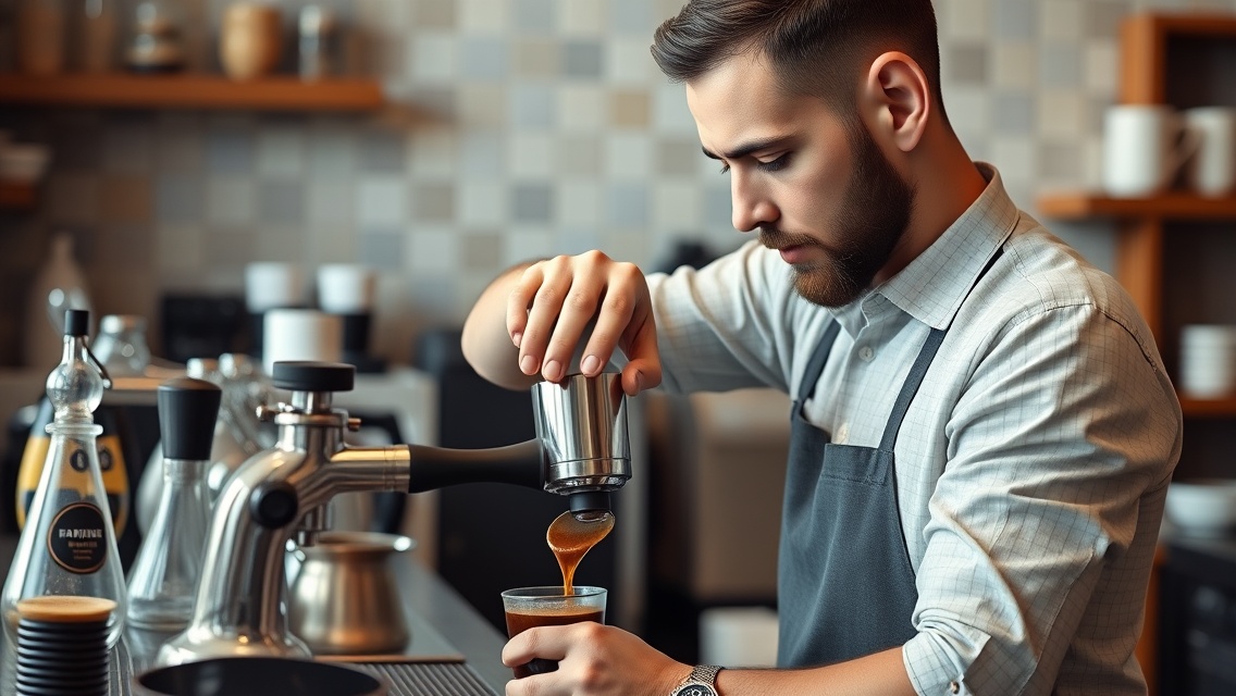 Barista készít eszpresszót egy kávézóban
