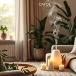 Hangulatos otthoni légfrissítő aroma diffúzor virágokkal és gyertyákkal.