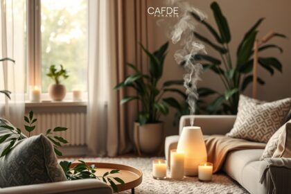 Hangulatos otthoni légfrissítő aroma diffúzor virágokkal és gyertyákkal.