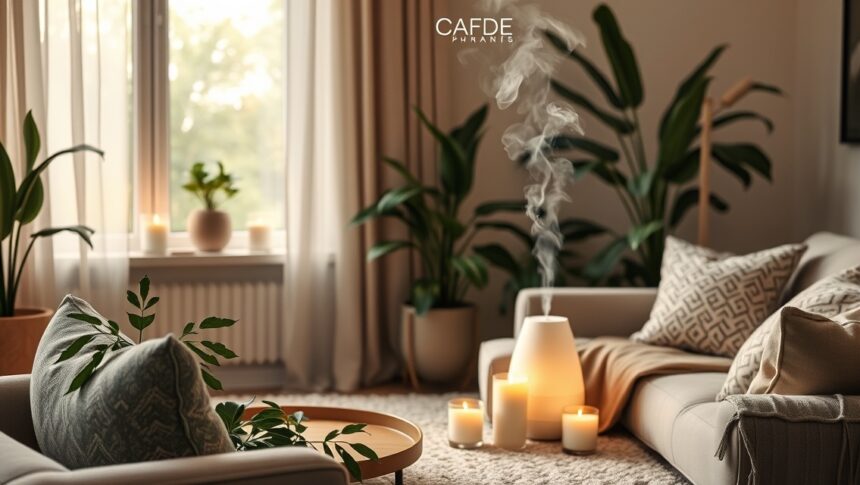 Hangulatos otthoni légfrissítő aroma diffúzor virágokkal és gyertyákkal.