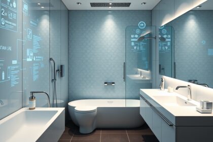 Modern fürdőszoba automatizált technológiákkal és digitális kijelzőkkel.