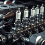 Gyújtógyertyák egy autó motorján, autószereléshez kapcsolódóan
