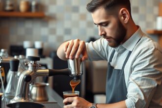 Barista készít eszpresszót egy kávézóban