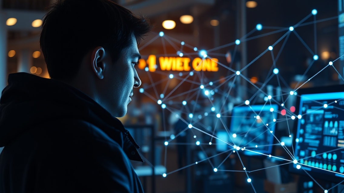 Fiatal férfi digitális hálózati adatokkal dolgozik.