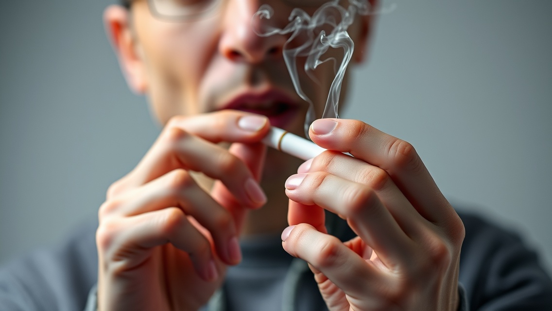 Fiatal férfi e-cigarettát szív, mellette füstgomolyagok.