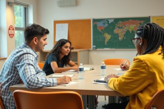 Diákönkormányzati ülés diákokkal az iskolai teremben