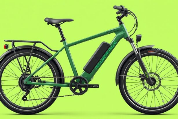 Zöld e-bike oldalnézeti képe, modern dizájnnal és akkumulátorral.
