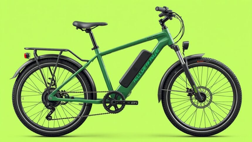 Zöld e-bike oldalnézeti képe, modern dizájnnal és akkumulátorral.
