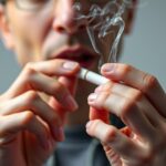 Fiatal férfi e-cigarettát szív, mellette füstgomolyagok.