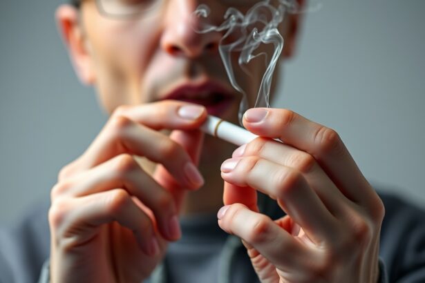 Fiatal férfi e-cigarettát szív, mellette füstgomolyagok.