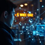 Fiatal férfi digitális hálózati adatokkal dolgozik.