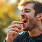 Férfi mandulát eszik, miközben élvezi a szabadban eltöltött időt