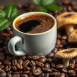Ganoderma kávé reishi gombával, kávészemekkel körülvéve
