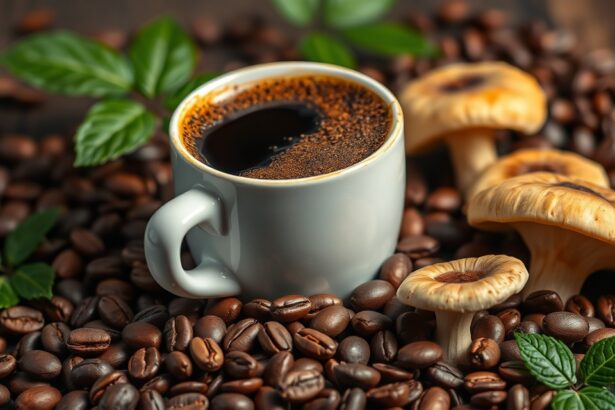 Ganoderma kávé reishi gombával, kávészemekkel körülvéve