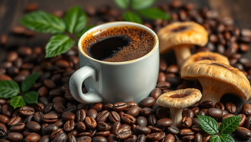 Ganoderma kávé reishi gombával, kávészemekkel körülvéve