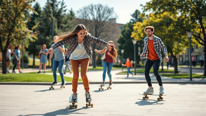 Gördeszkázó fiatalok a parkban, egészséges közösségi tevékenység.