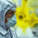Laboratóriumi dolgozó védőfelszerelésben hexaklorofén közelében.