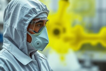 Laboratóriumi dolgozó védőfelszerelésben hexaklorofén közelében.