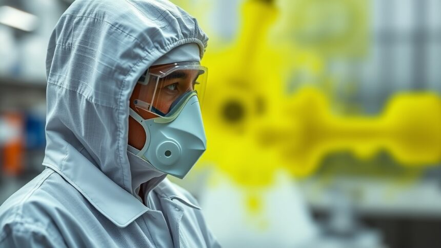 Laboratóriumi dolgozó védőfelszerelésben hexaklorofén közelében.