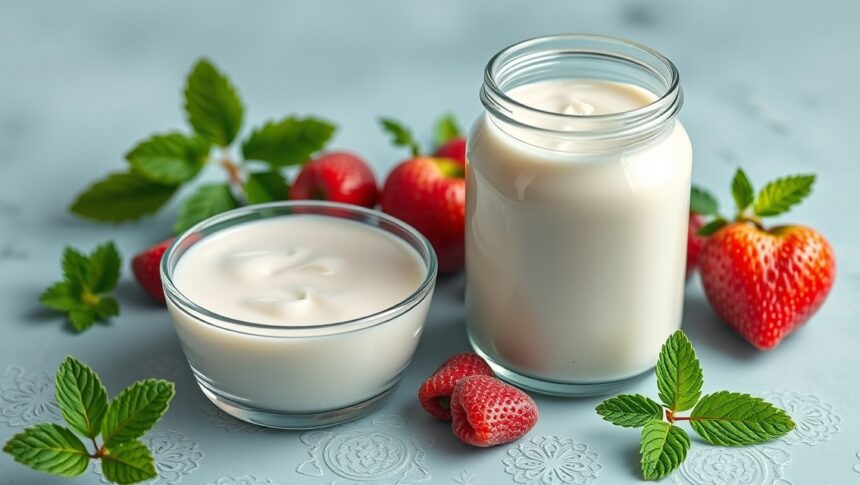 Kaukázusi kefir és friss eper, probiotikumok forrása.