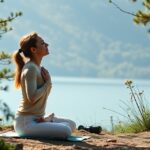 Nő légzőgyakorlatot végez a természetben, tüdőerősítés és wellness céljából