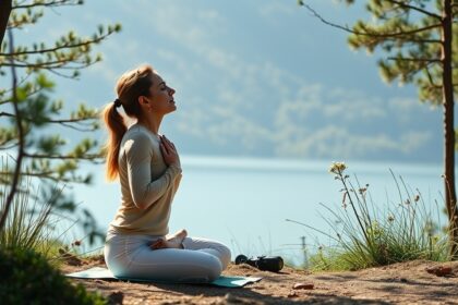 Nő légzőgyakorlatot végez a természetben, tüdőerősítés és wellness céljából